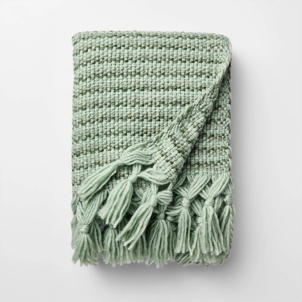50" x 60" Mixed Yarn Woven Throw w/ Crossed Tassels - Multi Green, Threshold NEW
